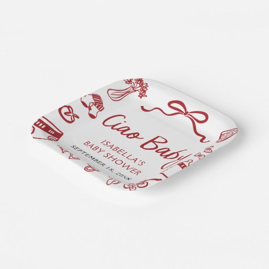 Rode Italiaanse handgetekende Pizza Ciao Baby Baby Papieren Bordje (Gebogen)