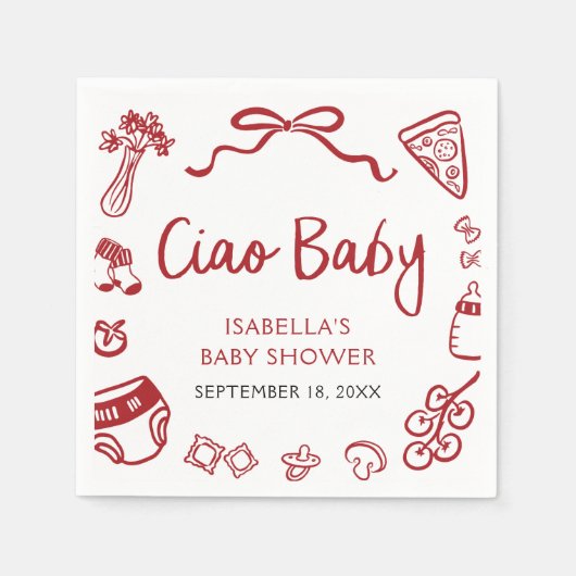 Rode Italiaanse handgetekende Pizza Ciao Baby Baby Servet (Voorkant)