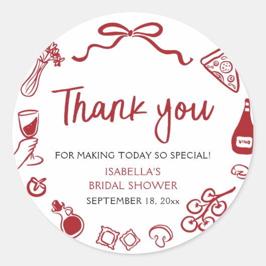 Rode Italiaanse handgetekende pizza pasta bruidsdo Ronde Sticker (Voorkant)