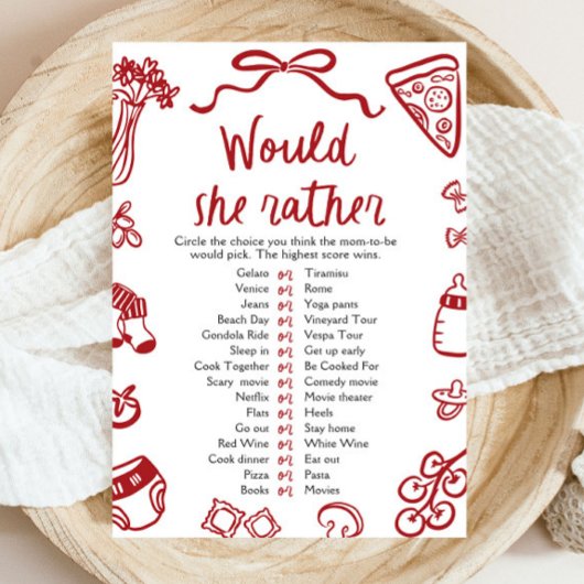 Rode Italiaanse 'Zou Ze Liever' Baby Shower Spel Kaart
