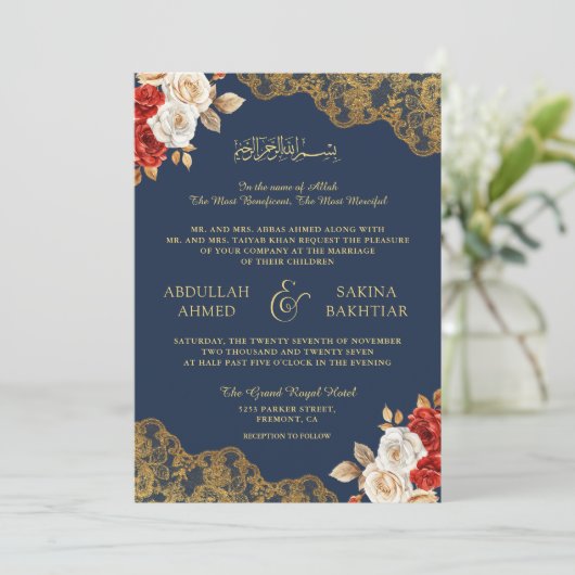 Rode Ivoor Bloemen Goud Kant Marine Moslim Huwelij Kaart (Staand voorkant)