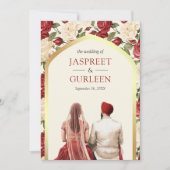 Rode Ivoor Bloemen Punjabi Anand Karaj Sikh Bruilo Kaart (Voorkant)