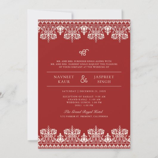 Rode Ivoor Damast Border Anand Karaj Sikh Bruiloft Kaart (Voorkant)