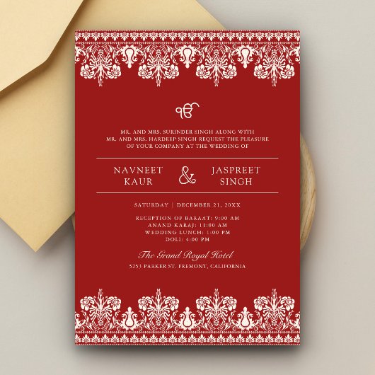Rode Ivoor Damast Border Anand Karaj Sikh Bruiloft Kaart