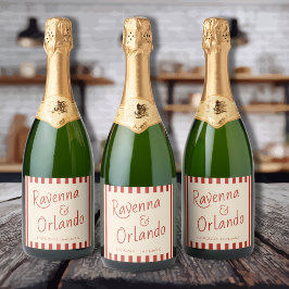 Rode Ivoor Strepen Retro Minimalistische Trouw Sparkling Wijnetiket