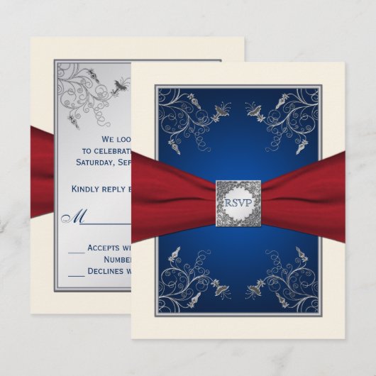 Rode, ivoorkleurige en blauwe bloemen RSVP kaart (Voorkant / Achterkant)