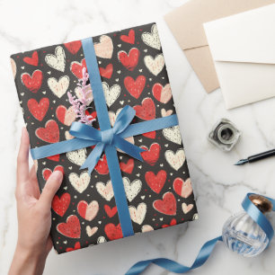 Rode & Ivoren Harten op Zwart Cadeaupapier