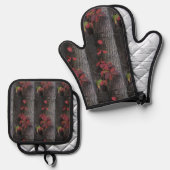 Rode Ivy Oven Mitt en Pothouders Ovenwant & Pannenlap Set (Voorkant / Achterkant)
