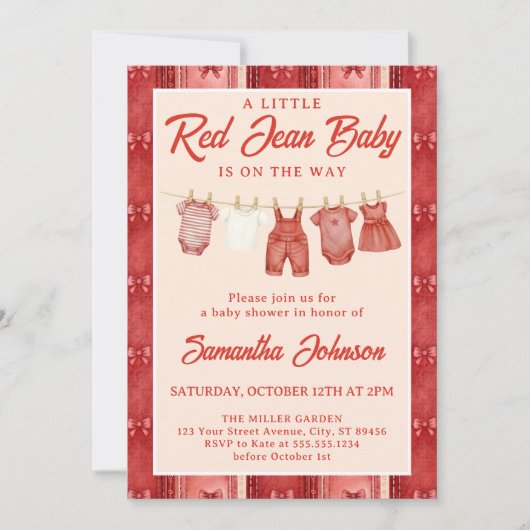 Rode Jean Denim Baby Shower Kaart (Voorkant)