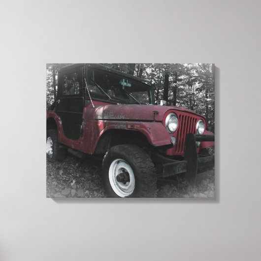Rode Jeep met zwarte en witte achtergrond Canvas Afdruk (Voorkant)