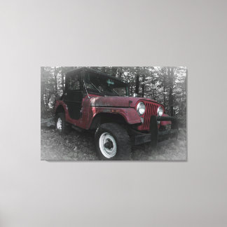 Rode Jeep met zwarte en witte achtergrond Canvas Afdruk