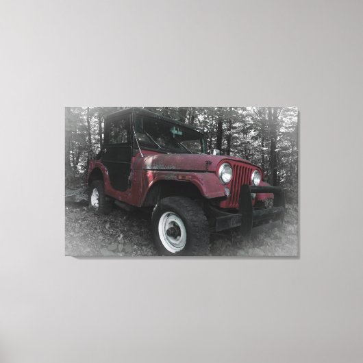 Rode Jeep met zwarte en witte achtergrond Canvas Afdruk (Voorkant)