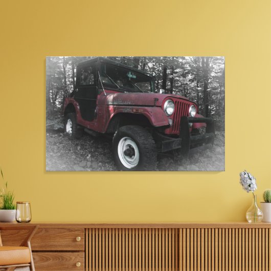 Rode Jeep met zwarte en witte achtergrond Canvas Afdruk (Insitu (Woonkamer))