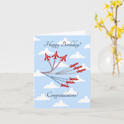 Rode Jet Vliegtuigen (Blue Sky) Aanpasbare Verjaar Kaart (Gele Bloem)