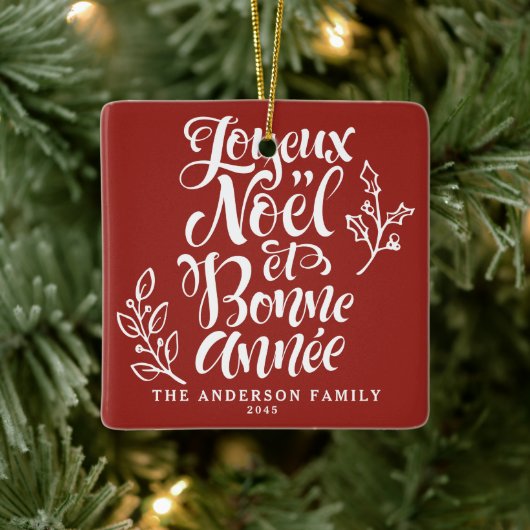 Rode Joyeux Noël en Bonne Année Kalligrafie Keramisch Ornament (Boom)