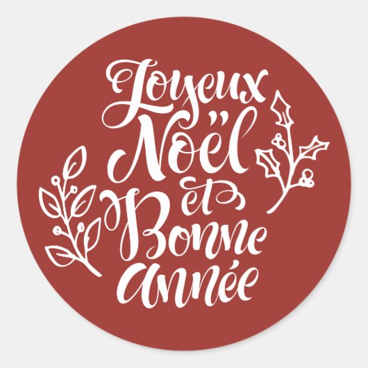 Rode Joyeux Noël en Bonne Année Kerstmis Ronde Sticker (Voorkant)