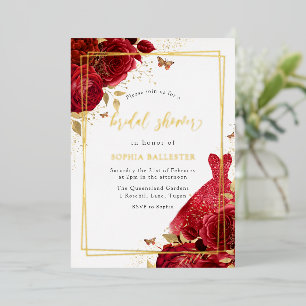 Rode jurk & bloemen goud folie bruidsfeest uitnodiging