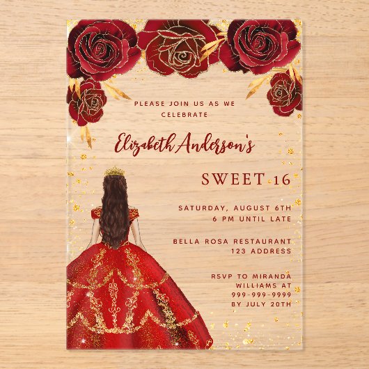 Rode jurk bloemen rozen Clear Sweet 16 Acryl Uitnodigingen (Voorkant)