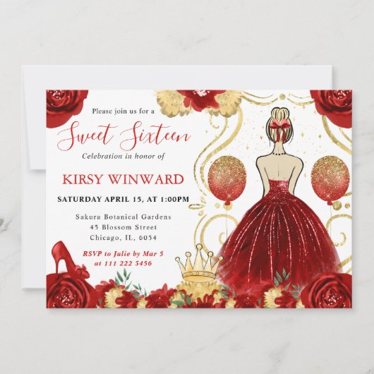 Rode jurk blond haar prinses Sweet 16 Kaart (Voorkant)