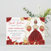 Rode jurk blond haar prinses Sweet 16 Kaart (Staand voorkant)