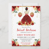 Rode jurk bruine haren prinses Sweet 16 Kaart (Voorkant)