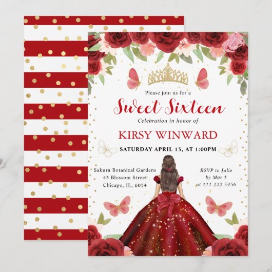 Rode Jurk Bruine Prinses Sweet 16 Kaart (Voorkant / Achterkant)