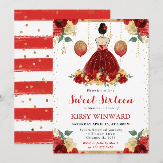 Rode jurk Brunette Hair Princess Sweet 16 Kaart (Voorkant / Achterkant)
