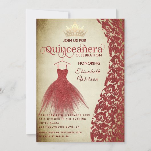 rode jurk damask gouden tiara Quinceañera Kaart (Voorkant)