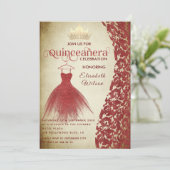 rode jurk damask gouden tiara Quinceañera Kaart (Staand voorkant)