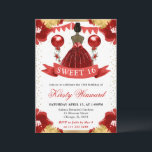 Rode jurk Donkere huid Prinses Sweet 16 Kaart<br><div class="desc">Elegante waterverf dark skin princess in Red dress design met rode en gouden bloemen,  ballonnen en gouden glitter confetti.</div>