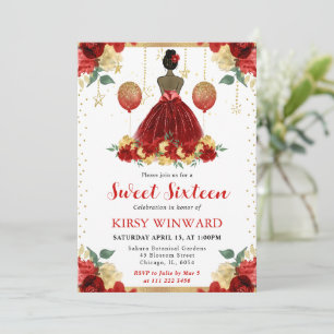 Rode jurk donkere huid prinses Sweet 16 Kaart