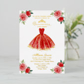 Rode jurk Quinceanera Folie Uitnodiging (Staand Voorkant)