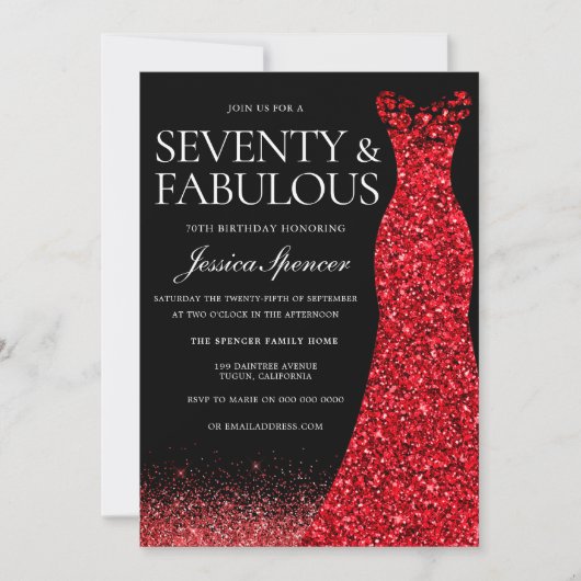 Rode jurk rode glitter jurk 70ste verjaardagsfeest kaart (Voorkant)