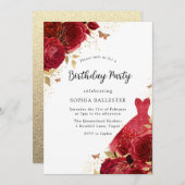 Rode jurk & rozen gouden glitter verjaardagsfeestj kaart (Voorkant / Achterkant)
