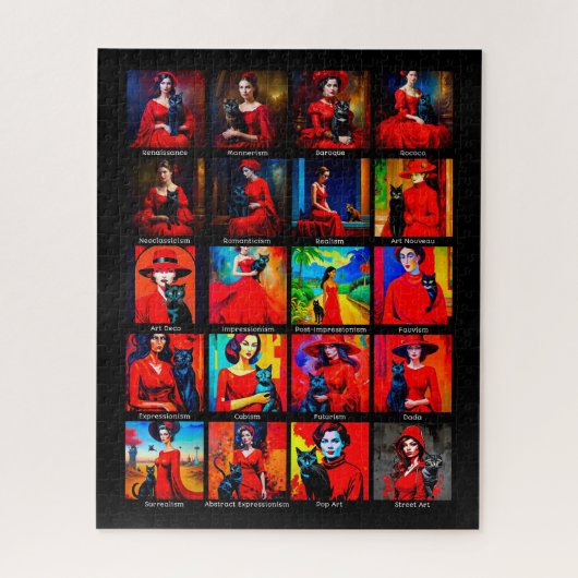 Rode Jurk Zwart Kat Kunst Bewegingen Legpuzzel (Verticaal)