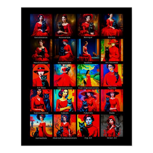 Rode Jurk Zwart Kat Kunst Bewegingen Perfect Poster (Voorkant)