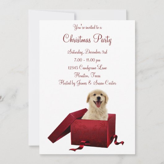 Rode Kado Puppy Kerstfeest Uitnodigingen (Voorkant)