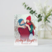 Rode kalligrafie Foto Merry en Bright kerst Briefkaart (Staand voorkant)
