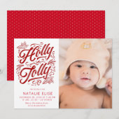 Rode kalligrafie hulst vrolijke geboorte aankondig feestdagenkaart (Voorkant / Achterkant)