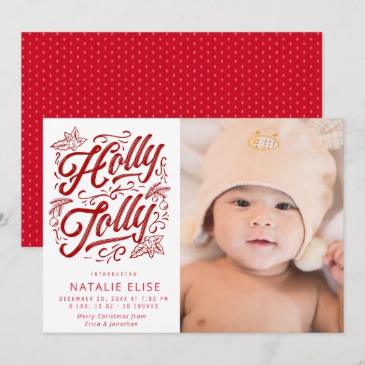 Rode kalligrafie hulst vrolijke geboorte aankondig feestdagenkaart (Voorkant / Achterkant)