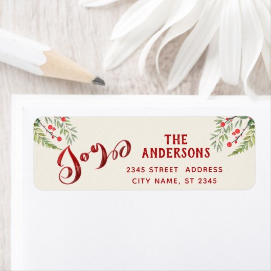 Rode kalligrafie vreugde groen hulst etiket (Insitu)