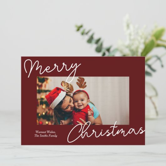Rode kalligrafie Vrolijk Kerstmis Moderne foto Feestdagenkaart (Staand voorkant)