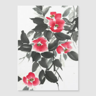 Rode kamellia sumie-inkt en waterverf schilderij