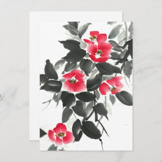 Rode kamellia sumie-inkt en waterverf schilderij (Voorkant / Achterkant)