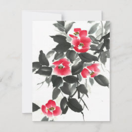 Rode kamellia sumie-inkt en waterverf schilderij