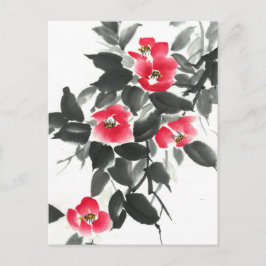 Rode kamellia sumie-inkt en waterverf schilderij briefkaart