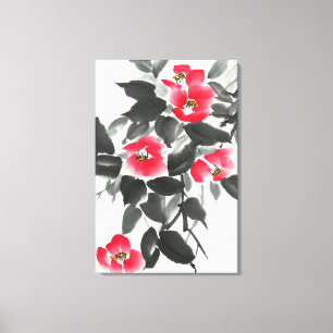 Rode kamellia sumie-inkt en waterverf schilderij canvas afdruk