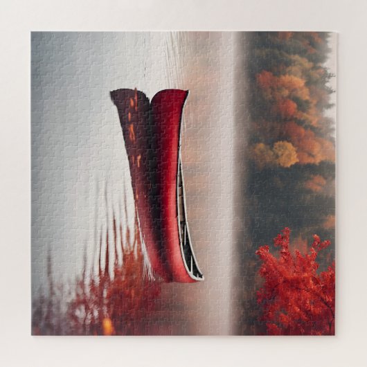 Rode kano op herfstmeer legpuzzel (Horizontaal)