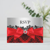 Rode kant damast & strik RSVP Kaartje (Staand voorkant)