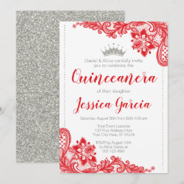 Rode kant en zilveren glitter prinses Quinceañera Kaart